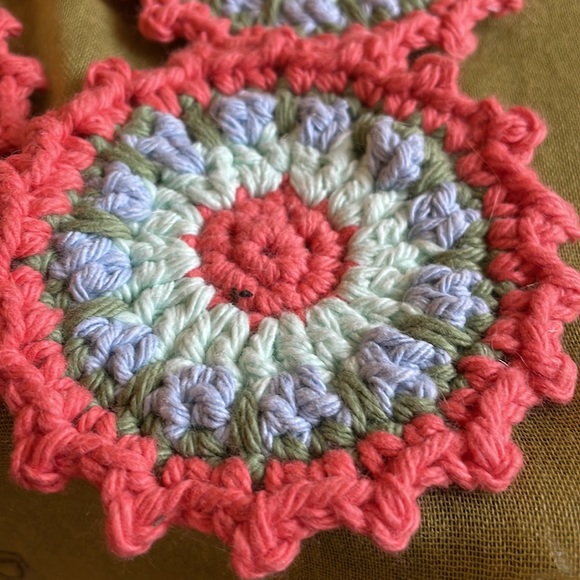 Hand crocheted Mandala coasters in apricot, blue, green, mint - Picture 2 of 5